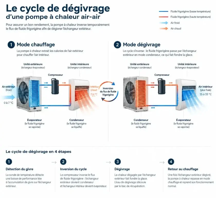Schéma de fonctionnement du cycle de dégivrage d'une pompe à chaleur air-air qui givre