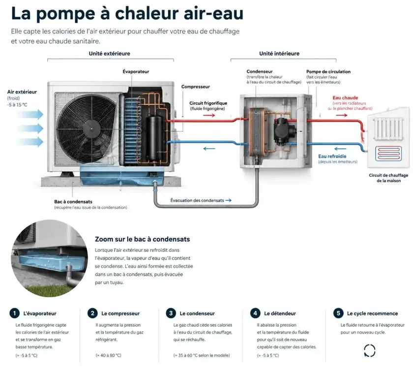 Schéma de fonctionnement d'une pompe à chaleur air-eau montrant le bac à condensats