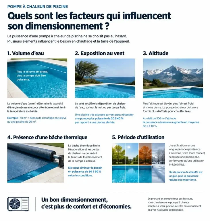 Infographie des facteurs de dimensionnement pour pompe Ă chaleur piscine quelle puissance