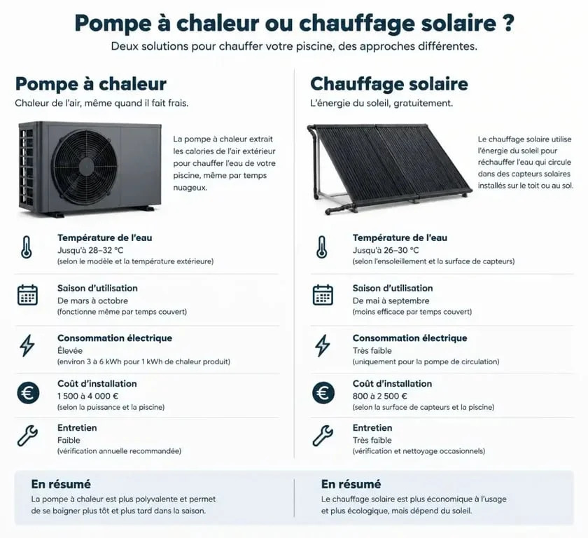 Comparatif pompe à chaleur ou chauffage solaire pour piscine