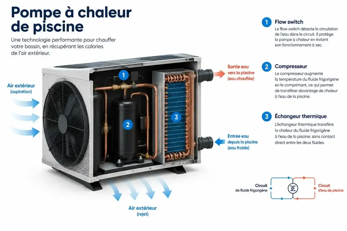 Schéma technique des composants d'une pompe à chaleur de piscine pour diagnostic de panne