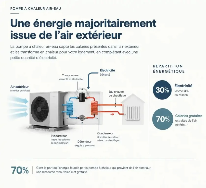 Schéma de fonctionnement et répartition énergétique d'une pompe à chaleur air-eau pour comprendre combien consomme une pompe à chaleur air-eau