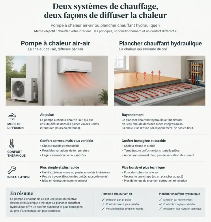 Comparatif pompe à chaleur air-air ou chauffage au sol : fonctionnement et confort