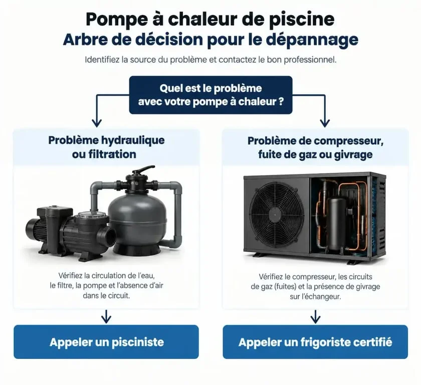 Infographie pour savoir qui répare une pompe à chaleur de piscine : pisciniste ou frigoriste