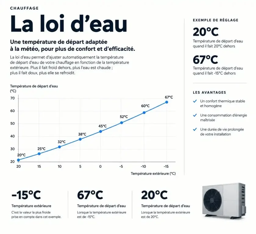 Infographie illustrant la loi d'eau pour le réglage d'une pompe à chaleur Daikin
