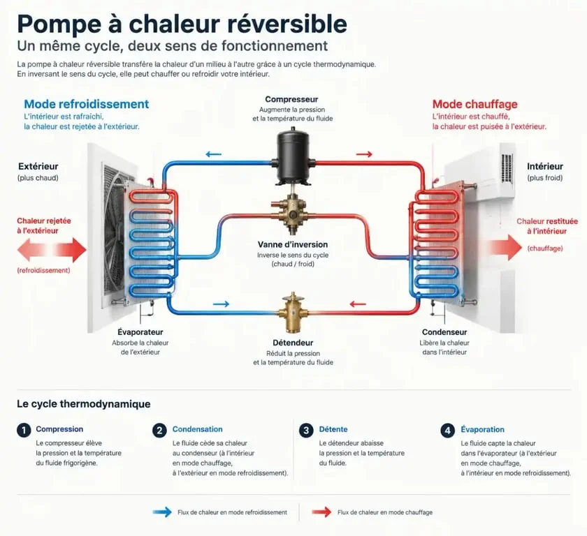 Schéma de fonctionnement d'une pompe à chaleur qui refroidit en mode réversible