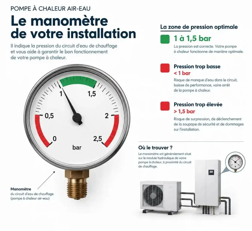 Manomètre de pompe à chaleur air-eau montrant la pression idéale pour le dépannage