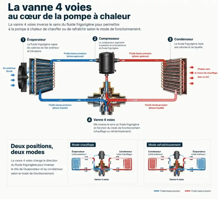 Schéma de fonctionnement d'une vanne 4 voies pour pompe à chaleur réversible