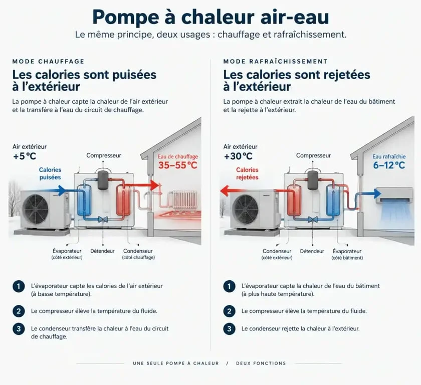 Fonctionnement d'une pompe à chaleur réversible ou pas : schéma du cycle de transfert thermique.